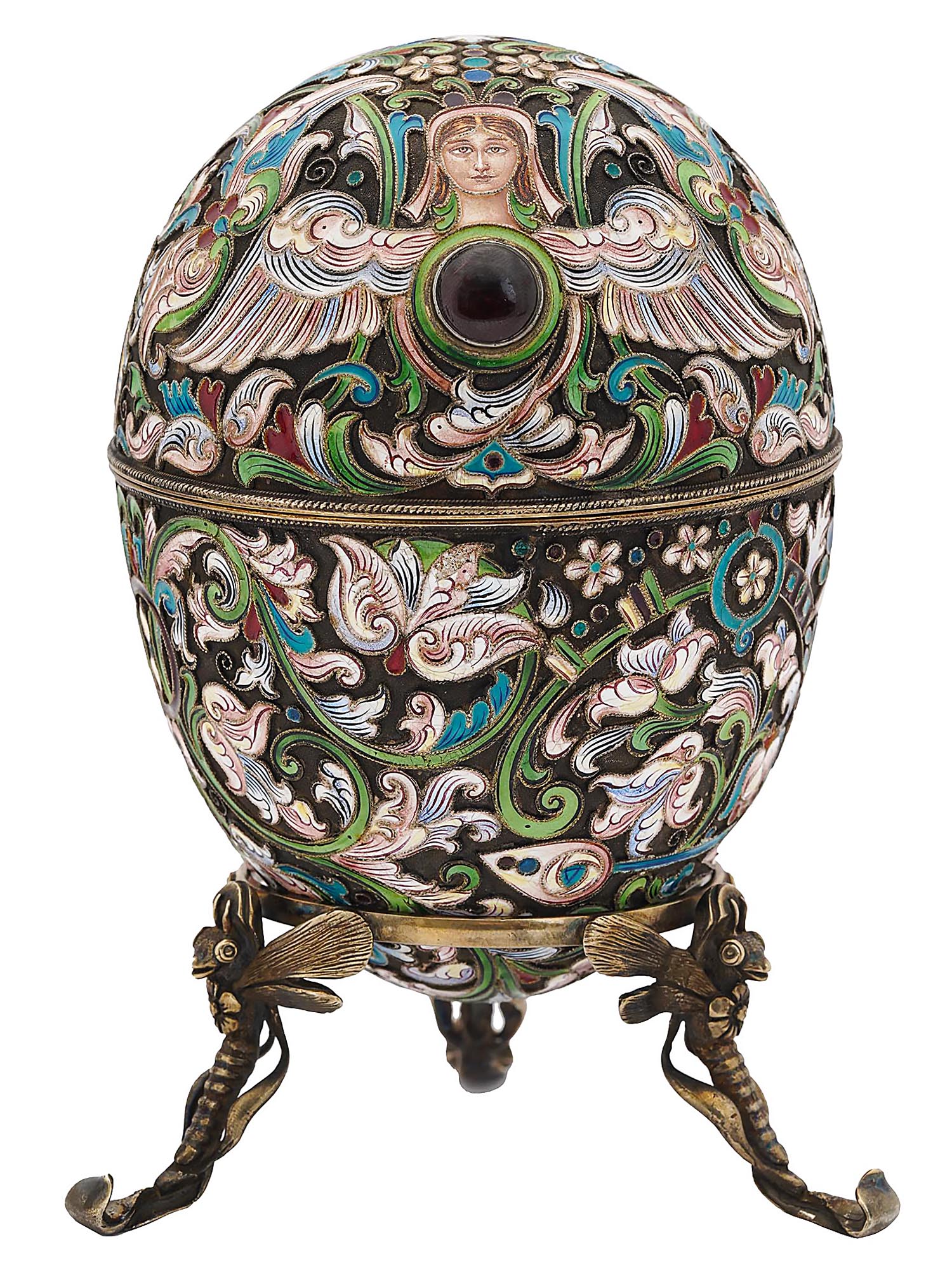 LARGE RUSSIAN SILVER CLOISONNE ENAMEL EGG W STAND PIC-0